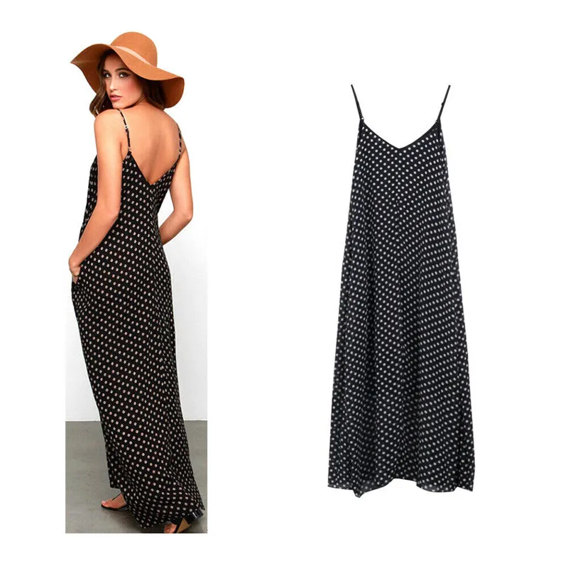 Простое женское летнее черное платье в стиле бохо свободное без рукавов горошек