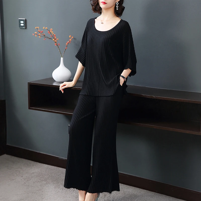 2019 Модный женский комплект из 2 предметов свитер с коротким рукавом + широкие