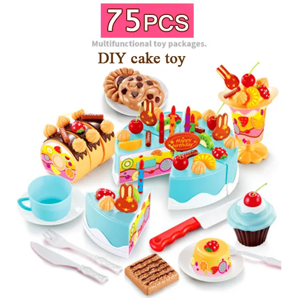 blue 75pcs 37 шт. или 75 шт. кухонные игрушки ролевые игры фруктовый торт на день рождения diy крем чайный набор еда игрушка розовый девочки дети кастрюля набор - Цвет: blue 75pcs