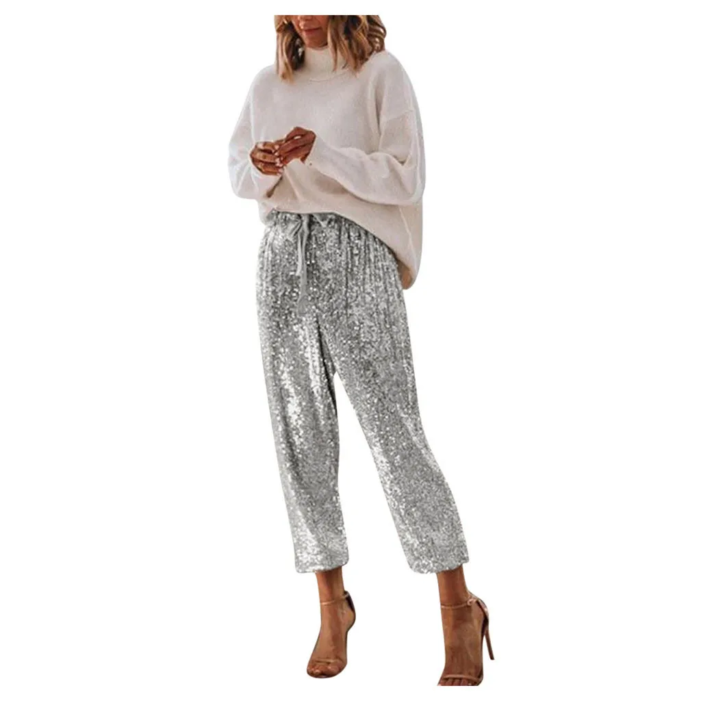 Женские брюки с высокой талией и блестками сексуальный стиль лента для ног