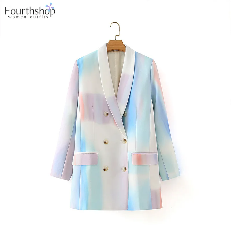 

2021 Fashion Long Blazer Women Graffiti Design Double Breasted Office Lady Work Wear Jacket Coat Autumn Winter Casual Outwear