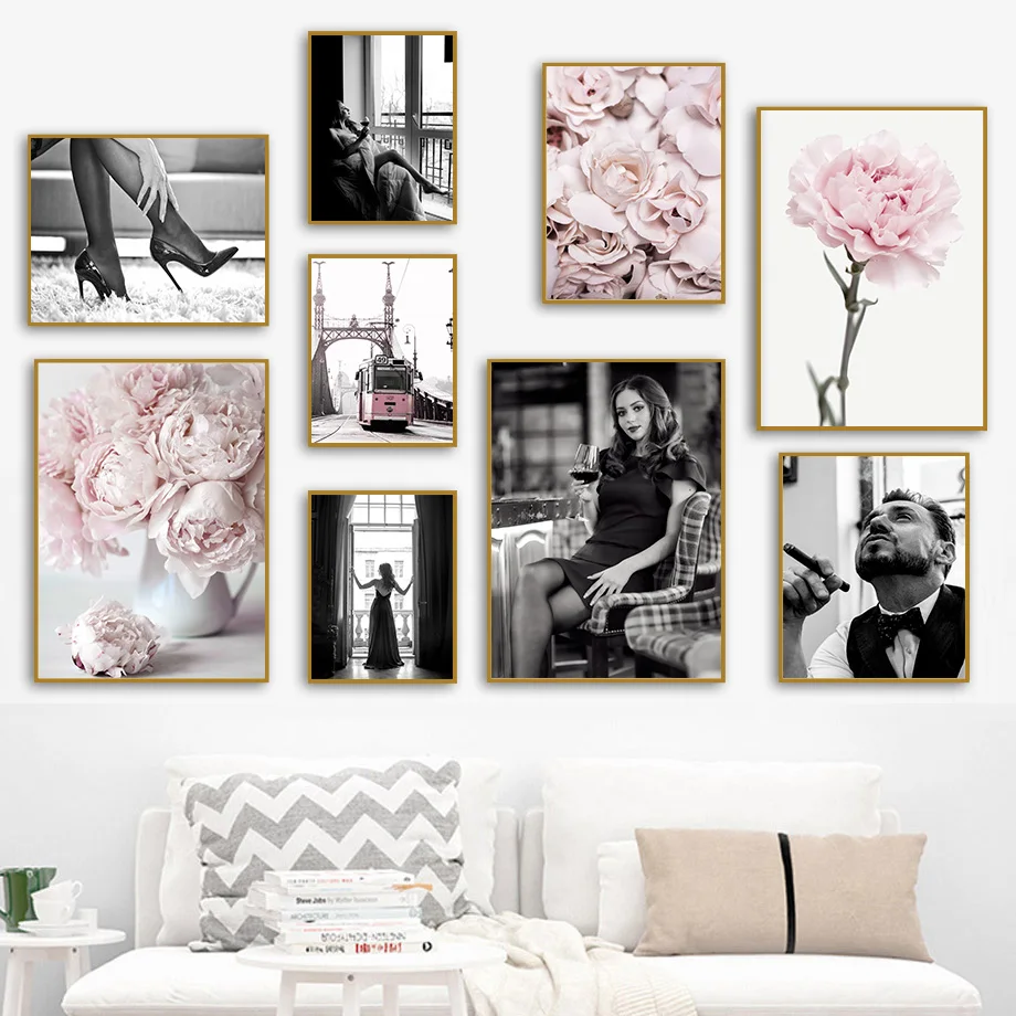 

Pink Flower Rose Peony Bridge Bus Sexy Girl Man Wall Art Canvas Painting Nordic Posters And Prints Wall Pictures For Living Room