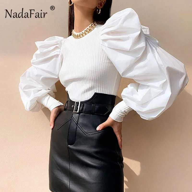 Nadafair пышная рубашка с длинным рукавом белые женские блузки и топы 2019 элегантная