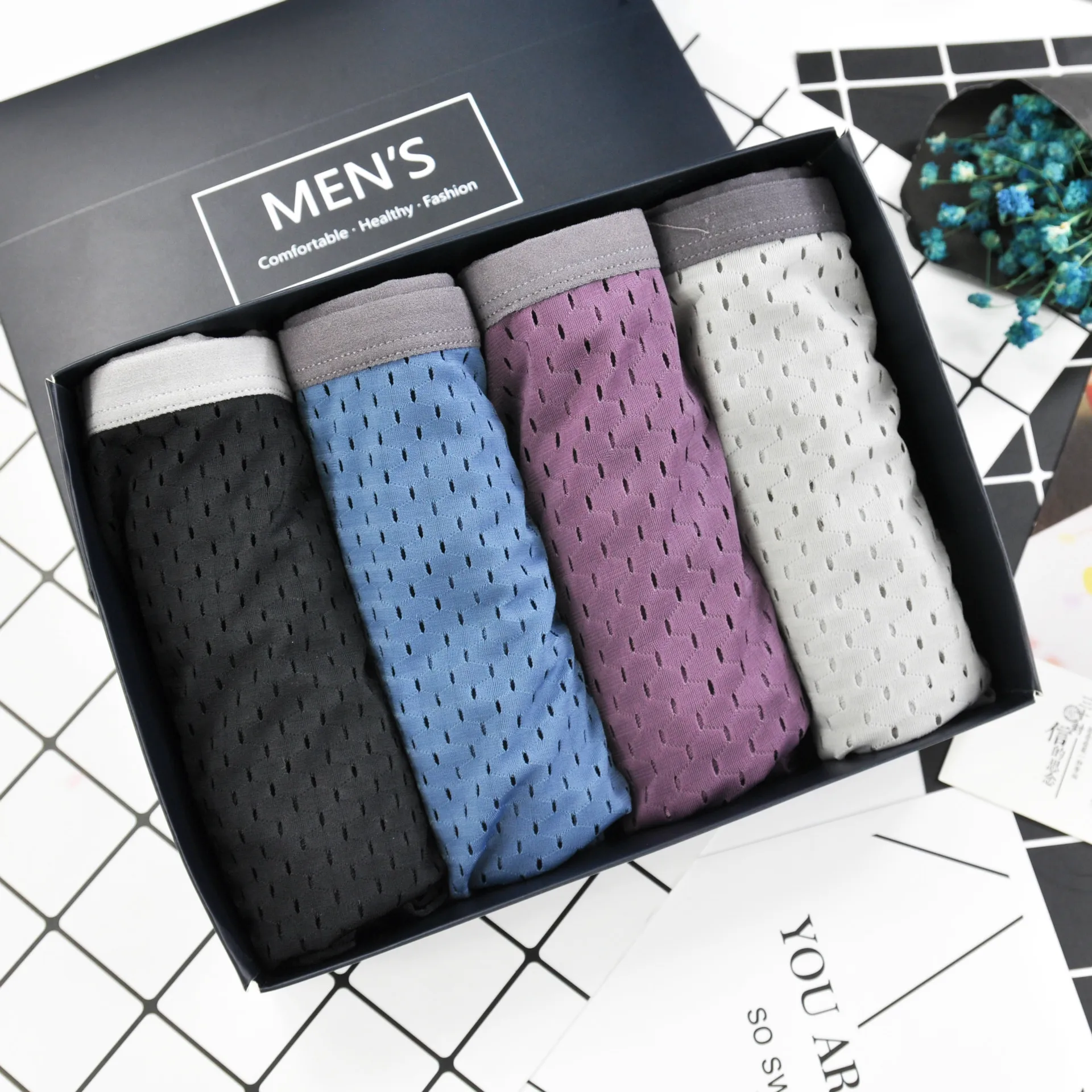 4 шт. упак. мужские трусы боксеры дышащие с отверстиями ультрамягкие Трусы