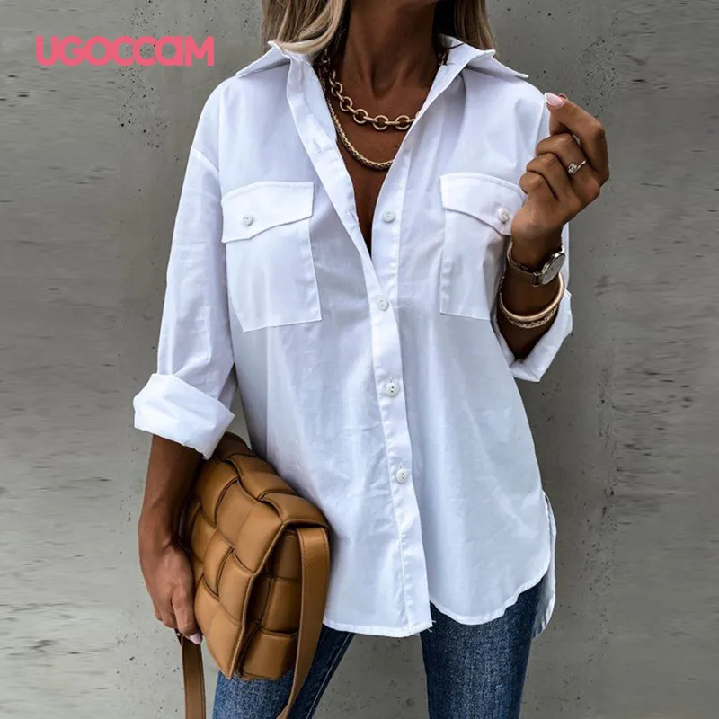 

UGOCCAM Women Blouses Casual White Blouses Long Sleeve Office Shirts Turn Down Collar Solid Shirt Ladies Plus Size Tunic Top Plu