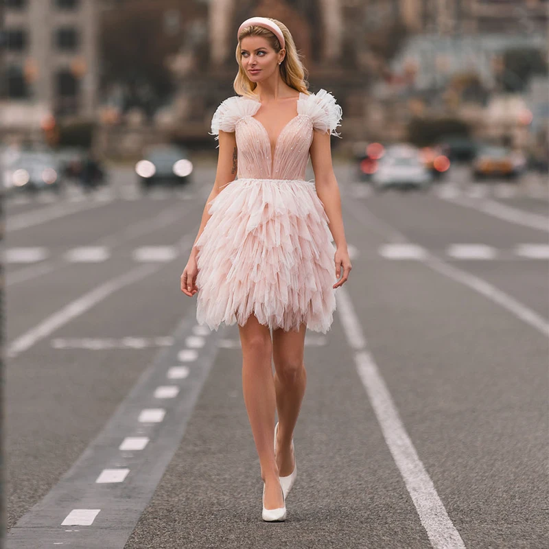 

Thinyfull Sexy Prom Evening Dress Pink Sleeveless Beading A-Line Party Mini Dresses V-neck Evening Cocktail Ball Gowns Plus Size