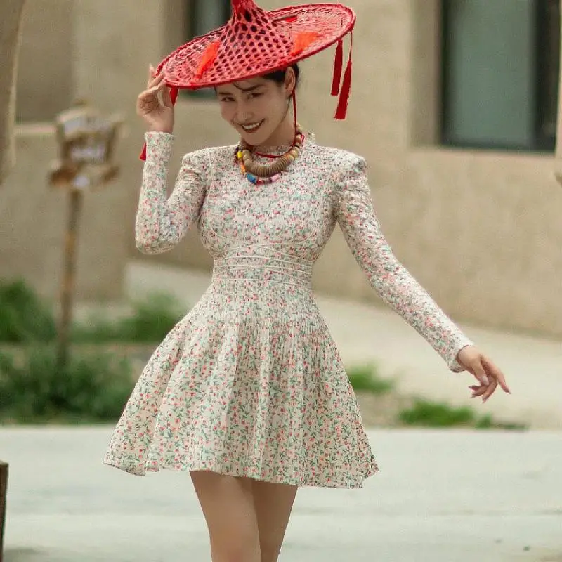 

Женское кружевное платье с длинным рукавом, плиссированное облегающее короткое платье-трапеция с завышенной талией, элегантная праздвечер...