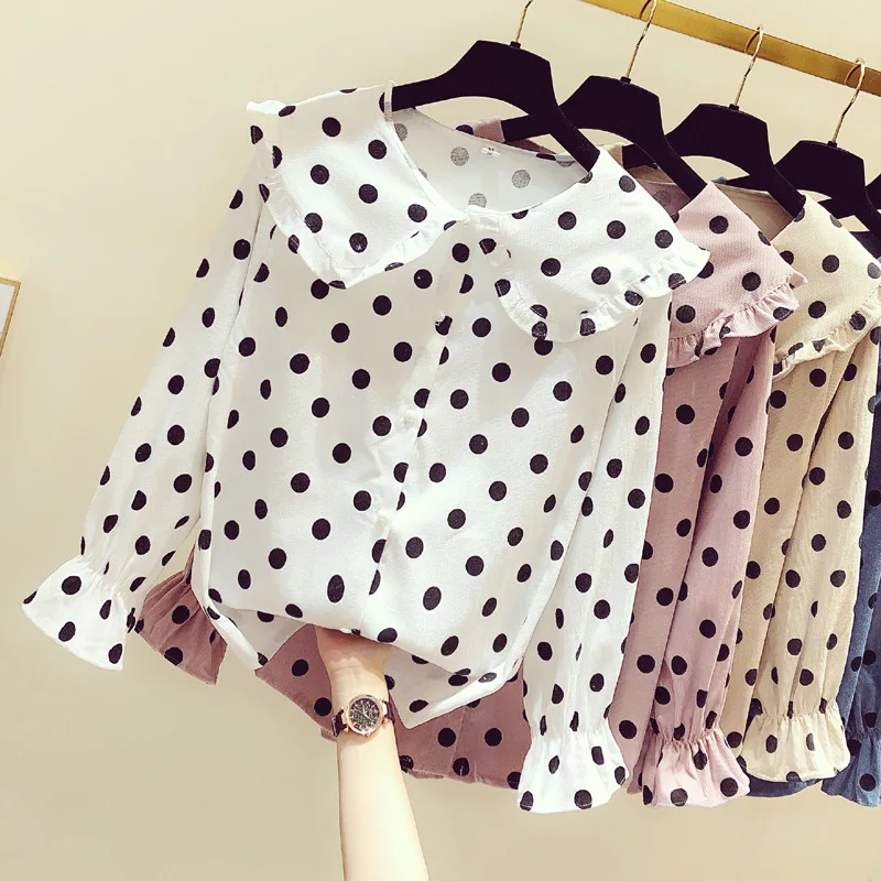 Весенняя женская блузка в горошек с оборками элегантные рубашки рубашка длинным