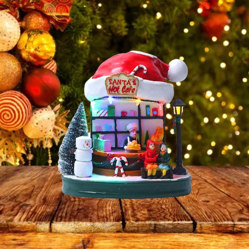 

Christmas LED Lighted House Resin Ornament Musical Animated Coffee Village Scene Xmas Holiday Party Tabletop Decoration