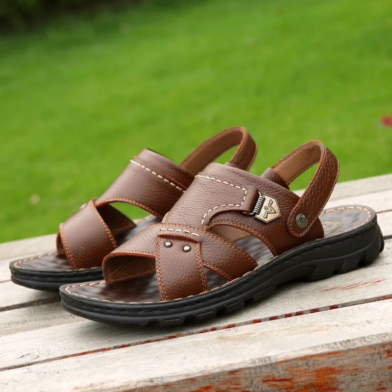 Мужские массажные сандалии натуральная кожа дышащие шлепанцы плоская подошва