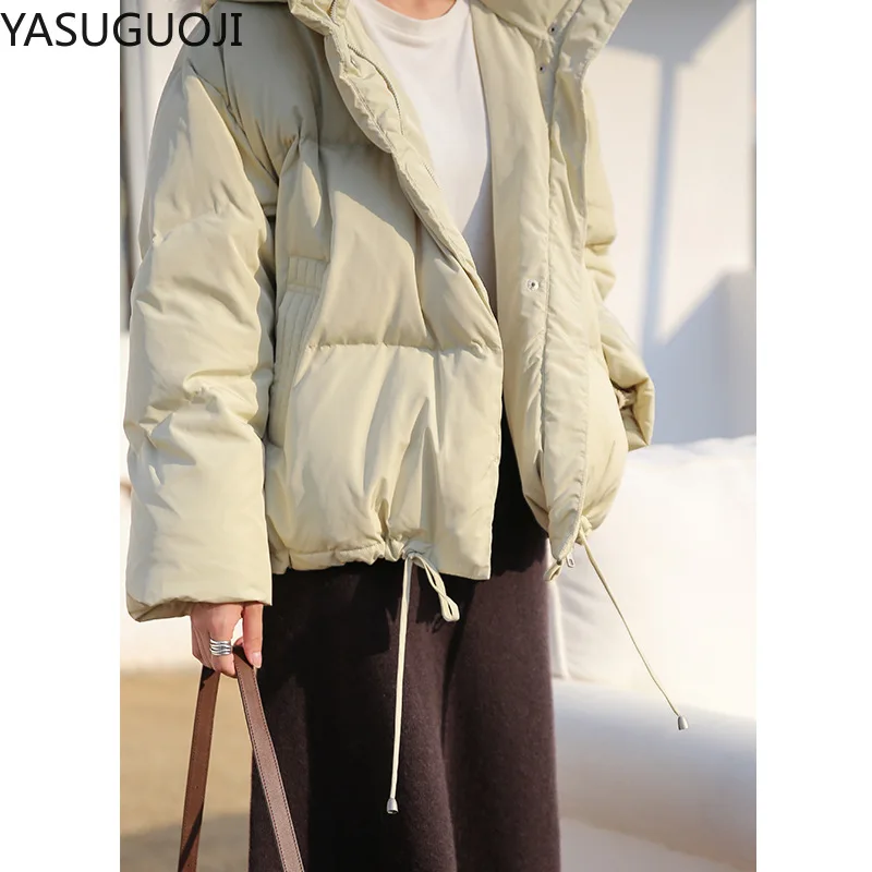 

YASUGUOJI белая куртка на утином пуху женская короткая стильная зимняя Новинка корейский стиль большой меховой воротник с капюшоном свободная ...