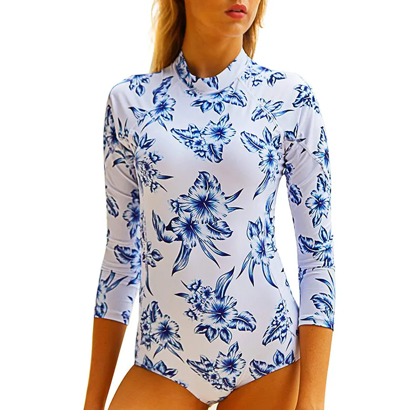 Женский цельный купальный костюм с цветочным принтом купальник длинным рукавом