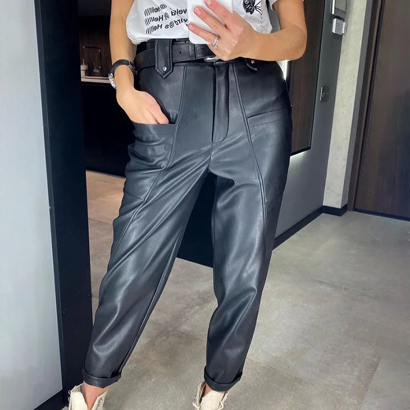 

2020 Autumn Women Pants Faux Leather Trousers Vintage Casual High Waist Pants Women Brown Black Fashion Street Women Clothing