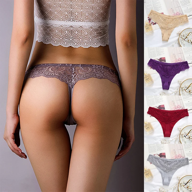 

Women Sexy Lace Panties Low Waist Underpants Sexy Thong Briefs Lingerie Underwear Fashion Solid Color Black Skin Panties