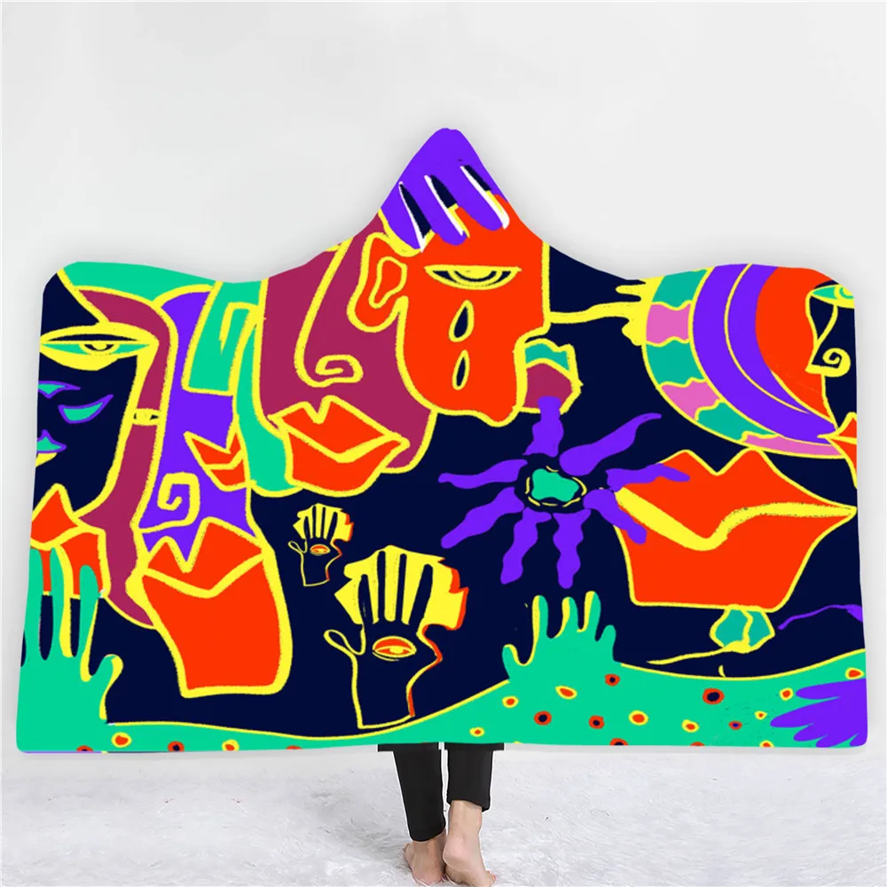 

Abstract Series Hooded Blanket Colorful Artistic Fleece Blanket 3D Print Travel Picnic Throw Blanket Nap Office Wearable Blanket