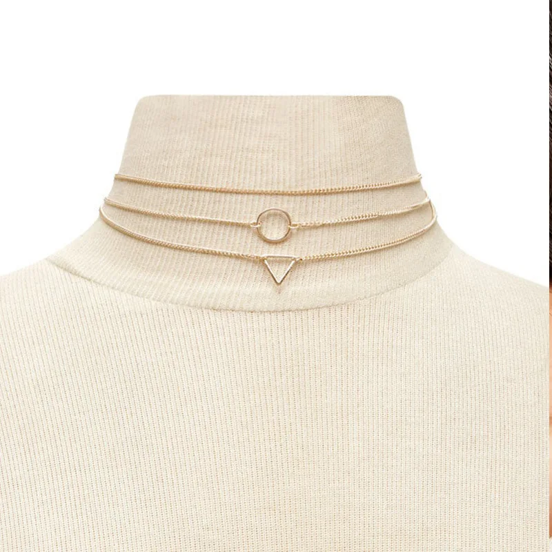 Золотое колье треугольной цепи многослойное на ключицы круглое металлическое