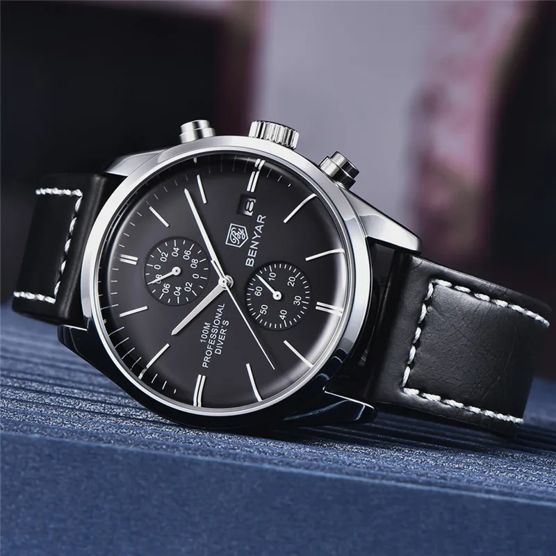 BENYAR Men Watch Chronograph Waterproof Sport Black Genuine Leather Male Wristwatch Top Brand Luxury Military Man Clock 5187 | Наручные