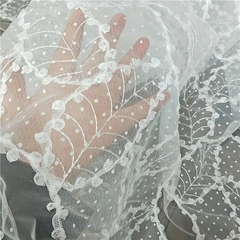 Тюлевая ткань с белыми листьями и точками Мягкая сетчатая кружевная вышивкой на