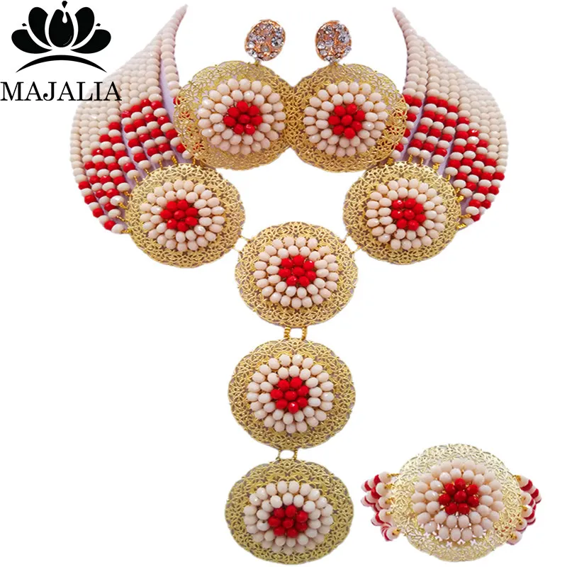 

Nigerian Ladies Newlyweds High-end Beige and Opaque red Crystal Jewelry African Bride Wedding Ceremony Banquet Jewelry Set SJ-45