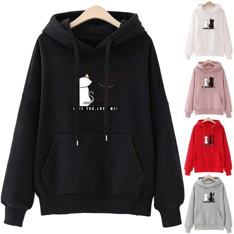 Hirigin Women Long Sleeve Hoodie Sweatshirt Hooded Jumper Pullover Causal Tops Cartoon Lovely Cat print hoody Clothes | Женская одежда