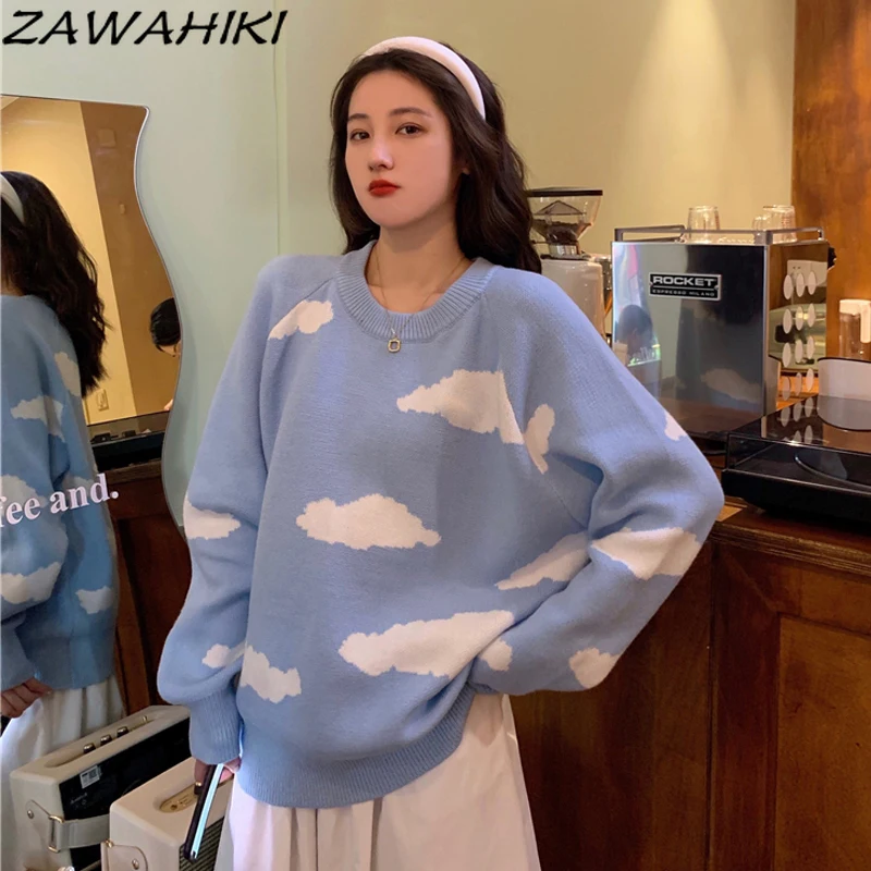 

ZAWAHIKI Loose Sweater Cute Cloud Print Long Sleeve Tops Casual Wool Autumn Knitted Pullover Japan Sweet Preppy Style Sweaters