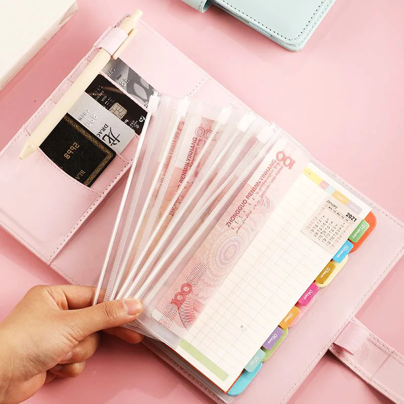 

2021 A6 Notebook Binder Budget Planner Organizer Cash Budget Envelope System Pu Leather With 10pcs Zipper Pockets Label Stickers