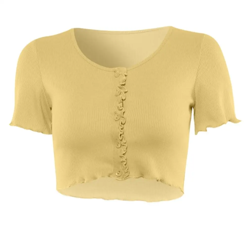 Кроп-Топ женский однотонный на пуговицах с V-образным вырезом и коротким рукавом |