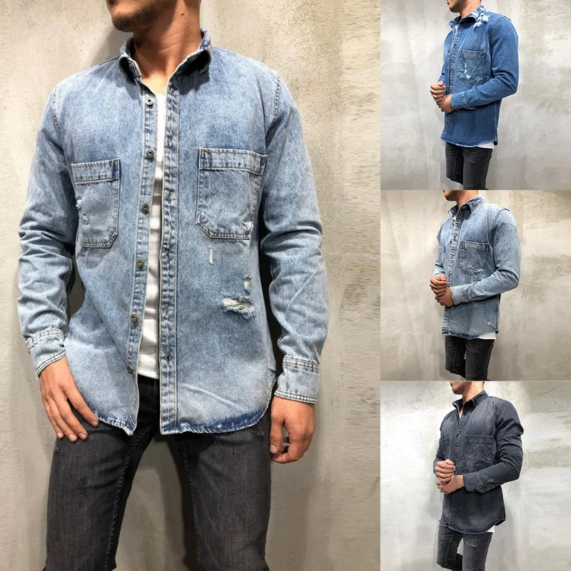 2019 Новые мужские модные ковбойские куртки однотонные рубашки с длинным рукавом