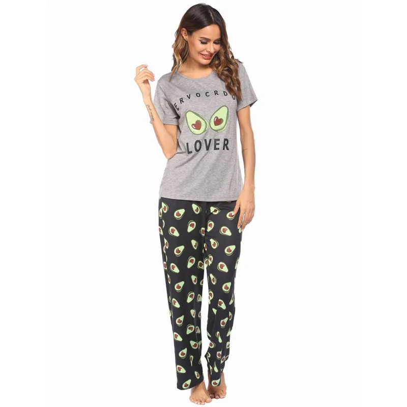 

Ladies Cotton Short-sleeved Printed Home Wear Solid Color Pajama 2021