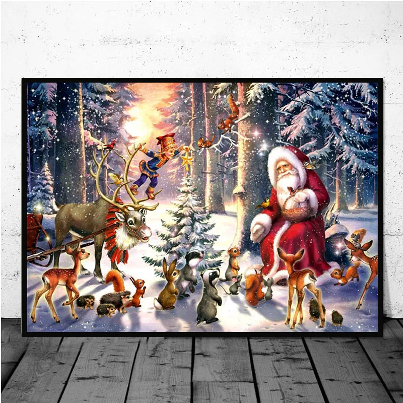 

Christmas Santa Claus Elk Bird and Snow Pictures Canvas Painting Wall Art Modern Posters and Prints in Living Room Home Decor