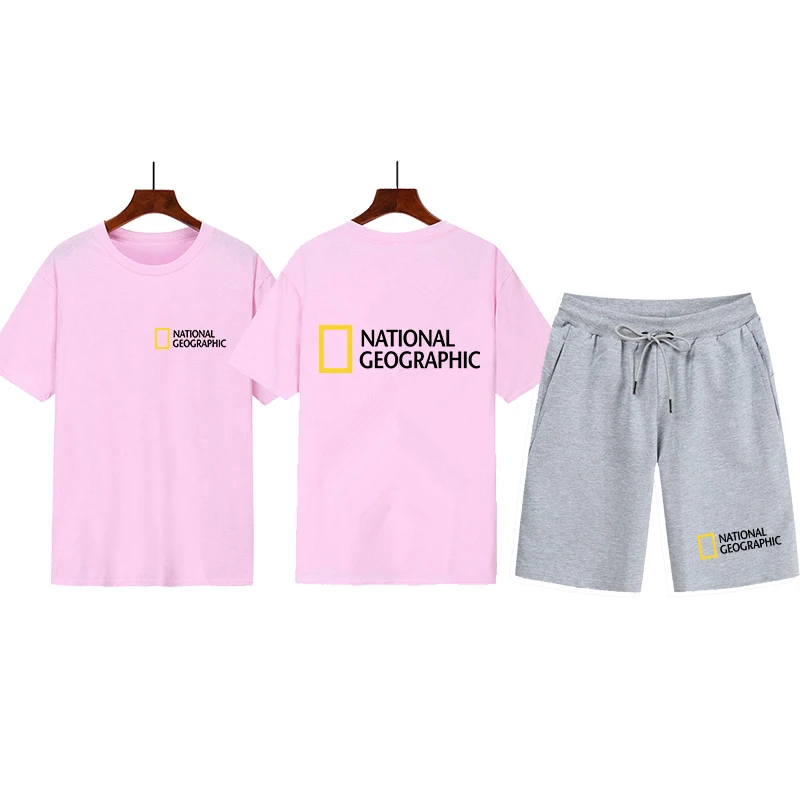 

National Geographic Sportkleding Mannen Casual Merk Fitness Sweatshirt Tweedelig Pak 100% Katoenen T-shirt Shorts Hip-Hop mode
