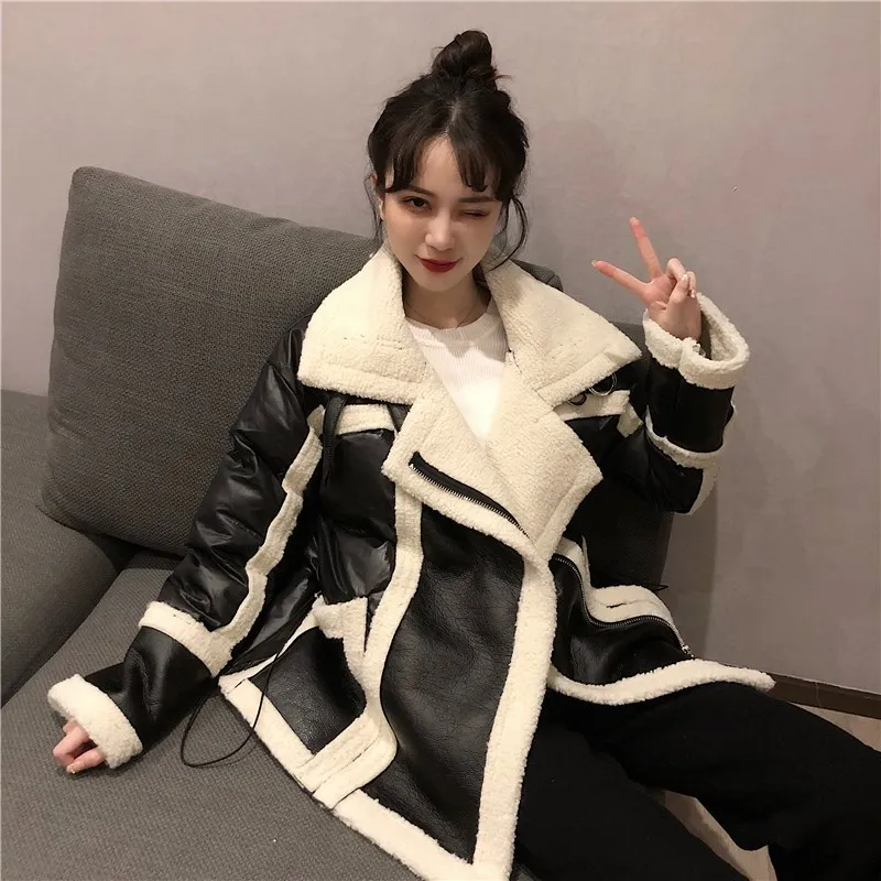 WHITNEY WANG осенне-зимняя модная уличная шерстяная куртка из искусственной кожи с подкладкой женская кожаная куртка в байкерском стиле Толстая парка пальто