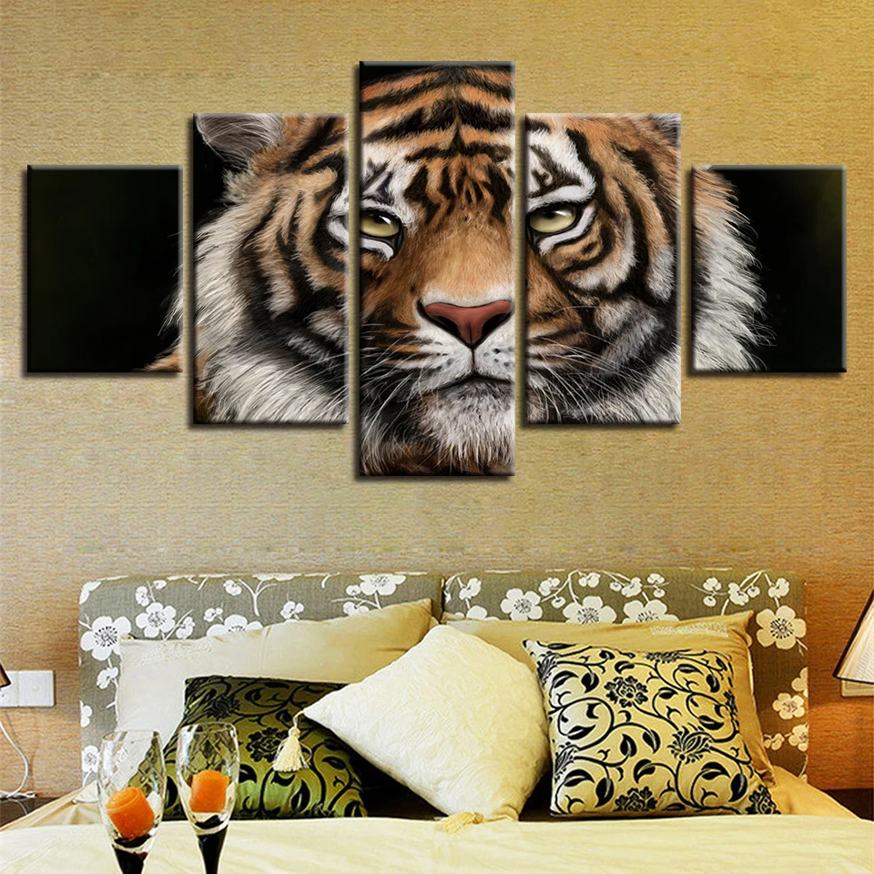 

Modular Picture Home Decoration 5 Panel Animal Tiger Painting Wall Art Modern Canvas Hd Print For Living Room Poster Framework