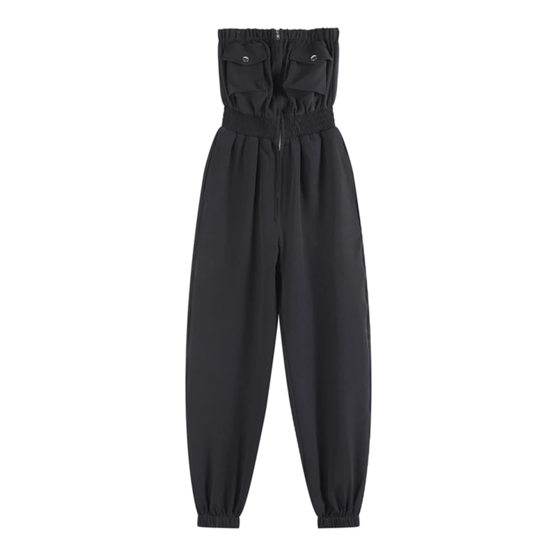 Черный элегантный офисный женский однотонный комбинезон без рукавов с открытыми