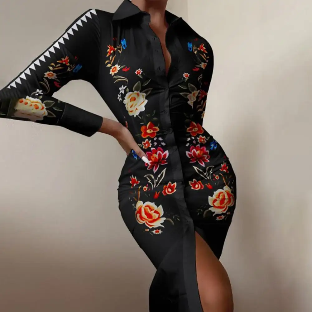 

All Match Striped Print Turn-Down Collar Women Dress for Daily Wear