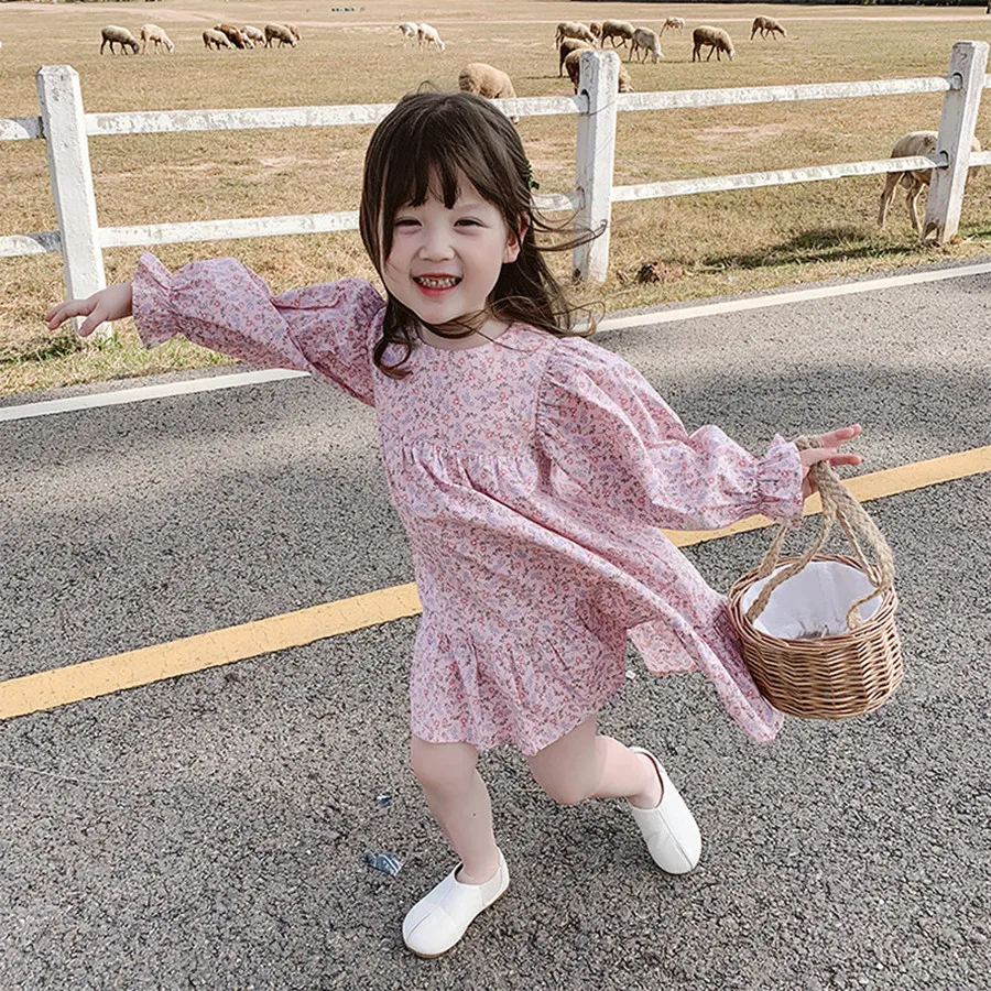 

1-6T Girls Dress 2021 Spring New Korean Children's Clothing Baby Girl Floral Long Sleeve Knee-length Princess Cotton dress