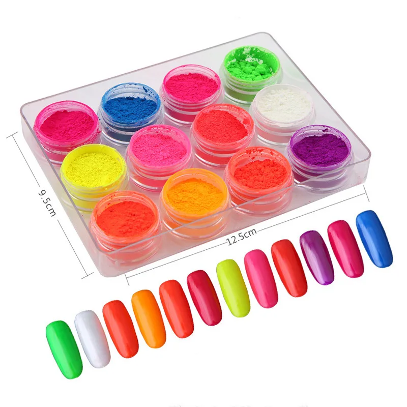 

12 Colors/set Neon Pigment Powder Fluorescence Nail Glitter Summer Shinny Dust Ombre DIY Gel Manicure 3D Nail ArtDecorations Kit