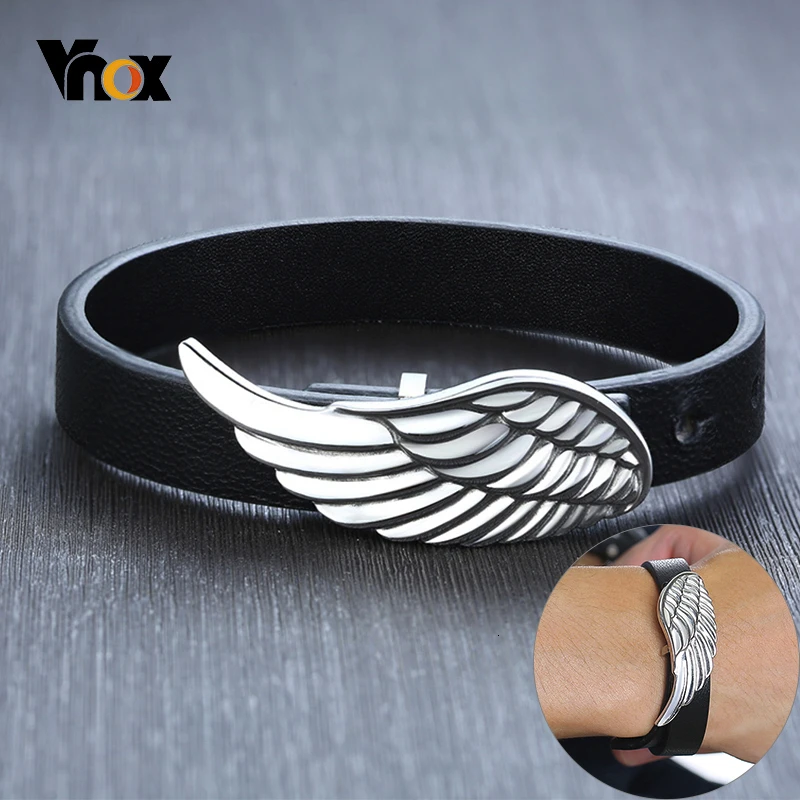 Мужской браслет с перьями Vnox черный из натуральной кожи крыльями орла