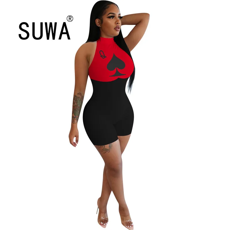 

young party women fashion simple solid-color neck print sleeveless jumpsuits high street lady fashion playsuits