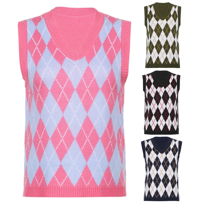 

Women Autumn Preppy Style V-Neck Knitted Vest Vintage Geometric Argyle Plaid Sleeveless Sweater School Girl Pullover Jumper Tank