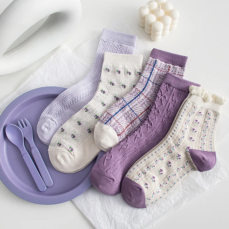 

5 Pairs Women's Socks Set Cotton Violet Series Sweet High Quality Harajuku Kawaii Lolita Girl Cute Pretty Gift Ruffles Socks