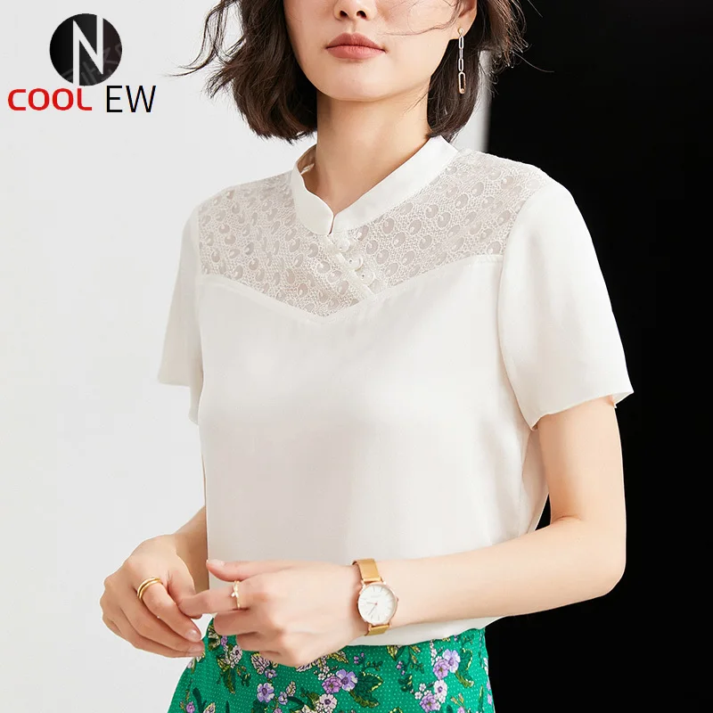 

Short sleeve lace stitching of new mulberry silk women's blouse in summer