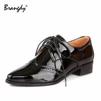 brangdy fashion women oxford shoes patent leather spring autumn women brogue shoes pointed toe women flats lace up size34 43