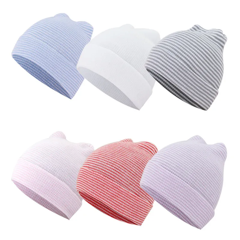 

2021 Baby Accessories Newborn Baby Infant Unisex Toddler Comfy Ear Hospital Cap Beanie Hat Turban Soft Warm Striped Caps