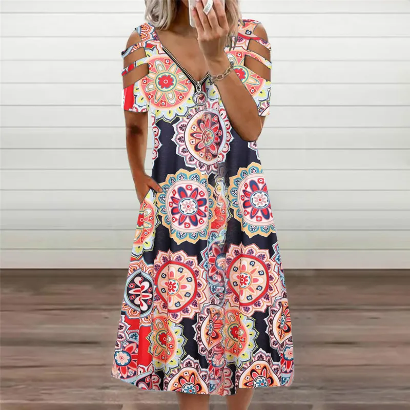 

Shoulder Zipper Dress Ladies V-Neck Print Short-Sleeved Dresses Loose Ol Vestidos De Mujer Casual Summer Dinner Outfit Female