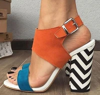 new girls blue orange yellow patchwork suede strip chunky heel slingback sandals woman open toe cuts out ankle buckle shoes