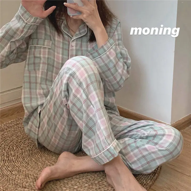 

Ladies Pajamas Set Soft Cotton Plaid Printed Pyjamas Women 2pcs Turn-down Top+pants Fashion Female Mujer Sleepwear Plus Size