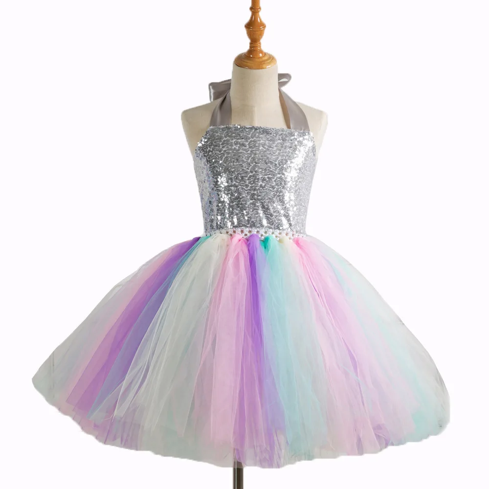 

Summer Hot Sale Little Girls Costume Pretty Girl Princess Dress Sequined Children's Dresses Rainbow Color Kids Party Clothing