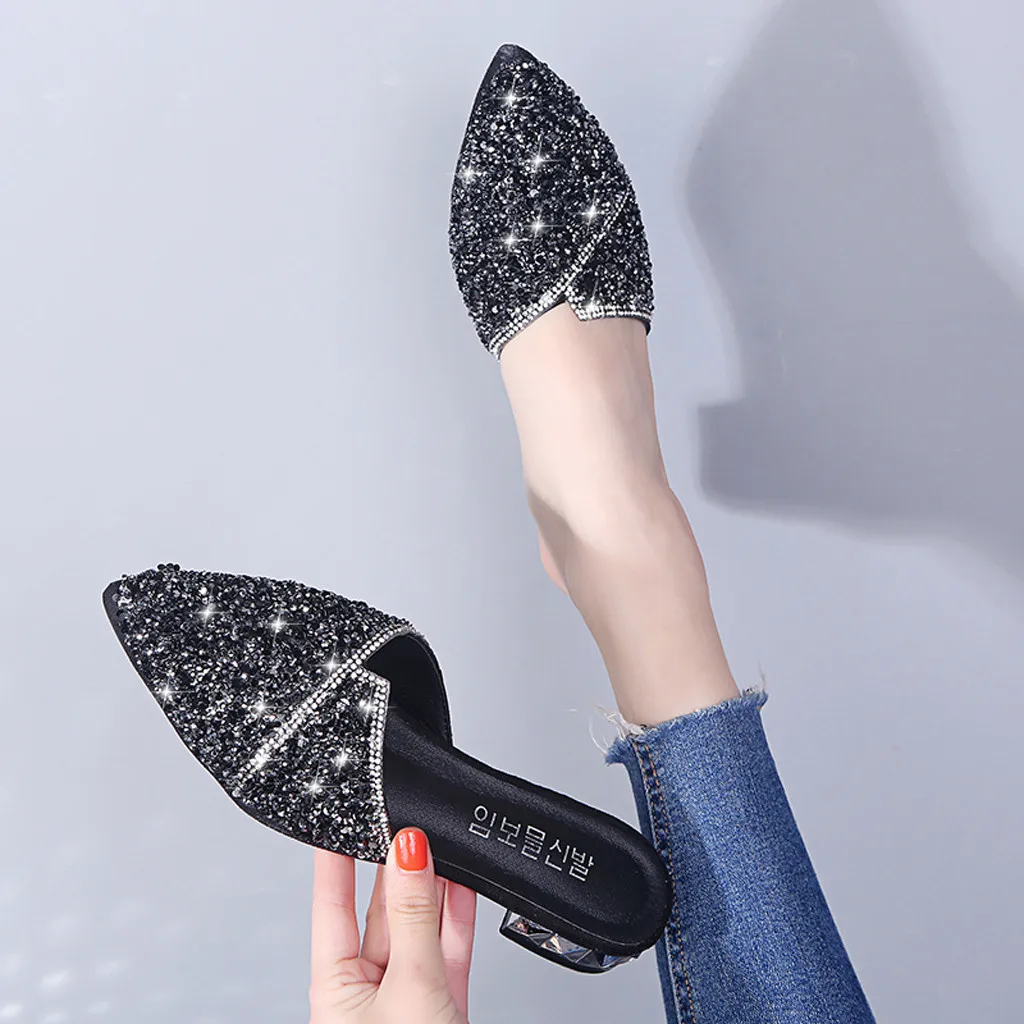 SAGACE Slippers Women Fashion Luxury 2020 Rhinestone Pointed Toe Low Heeled Hot Sale Ladies Summer Casual Beach Shoes | Спорт и