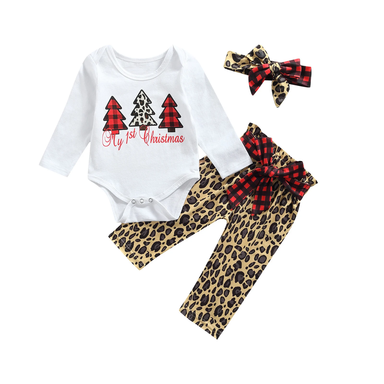 

Christmas Clothes For Newborns My First Christmas Print Long Sleeve Romper Leopard Long Pants With Belt Headband Gril Clothes